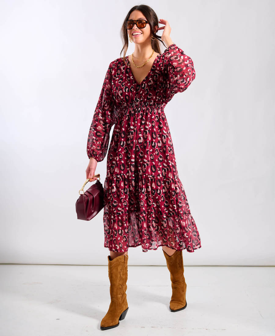 Leopard Tiered Chiffon Midi Dress