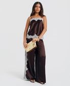 Brown satin lace co-ord: cami top and matching trousers