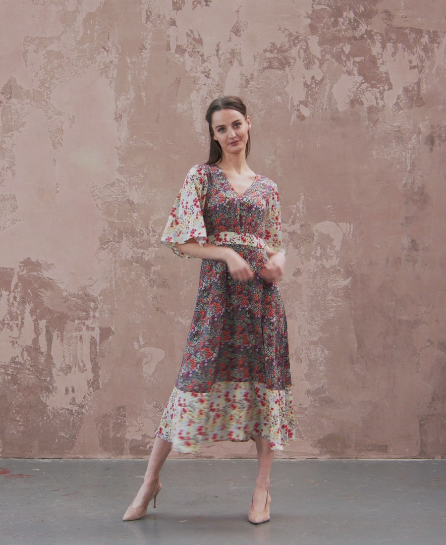 catwalk video contrast floral angel sleeve midi dress