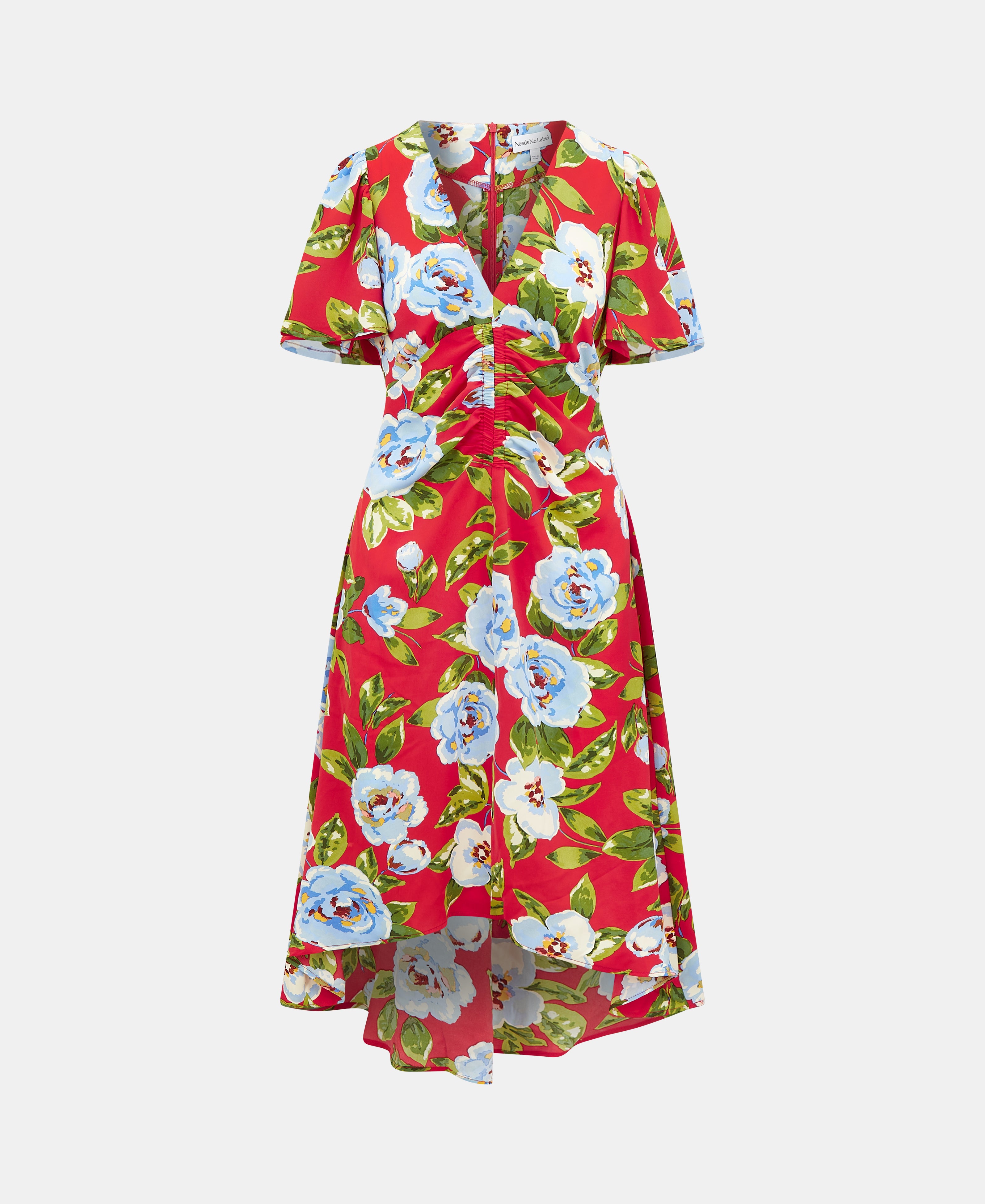 ANGEL SLEEVE ROUCHE MIDI RED FLORAL