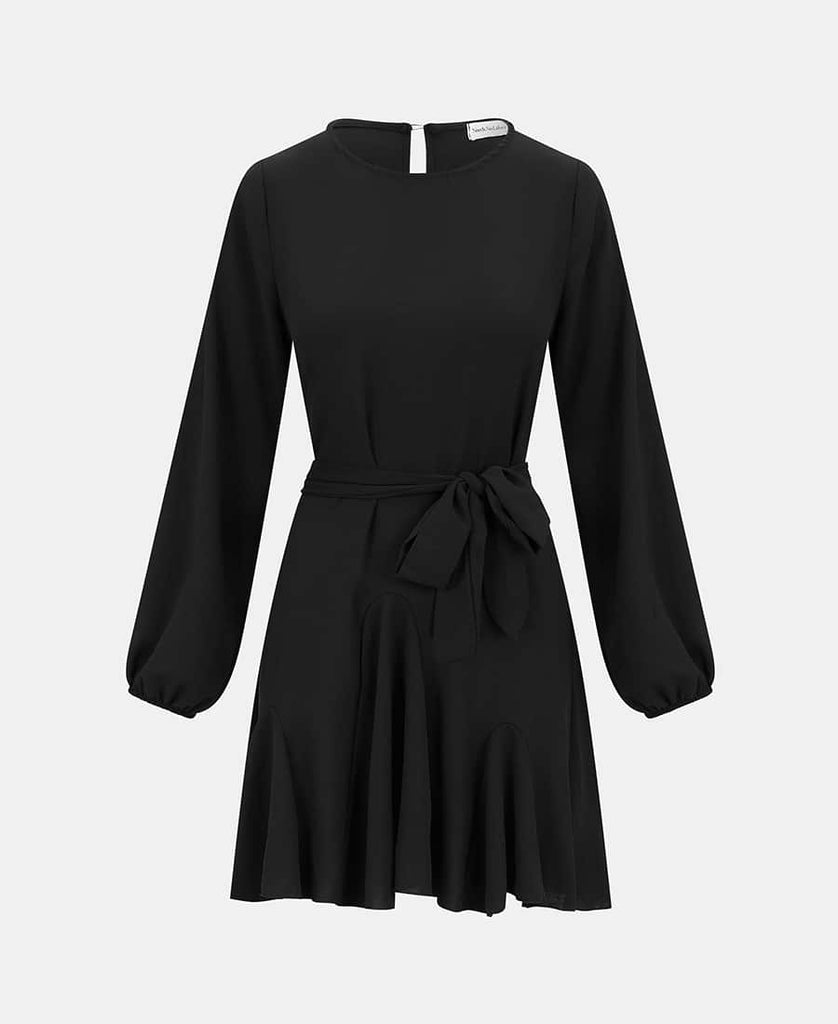 Black Crepe Belted Fit and Flare Dress front