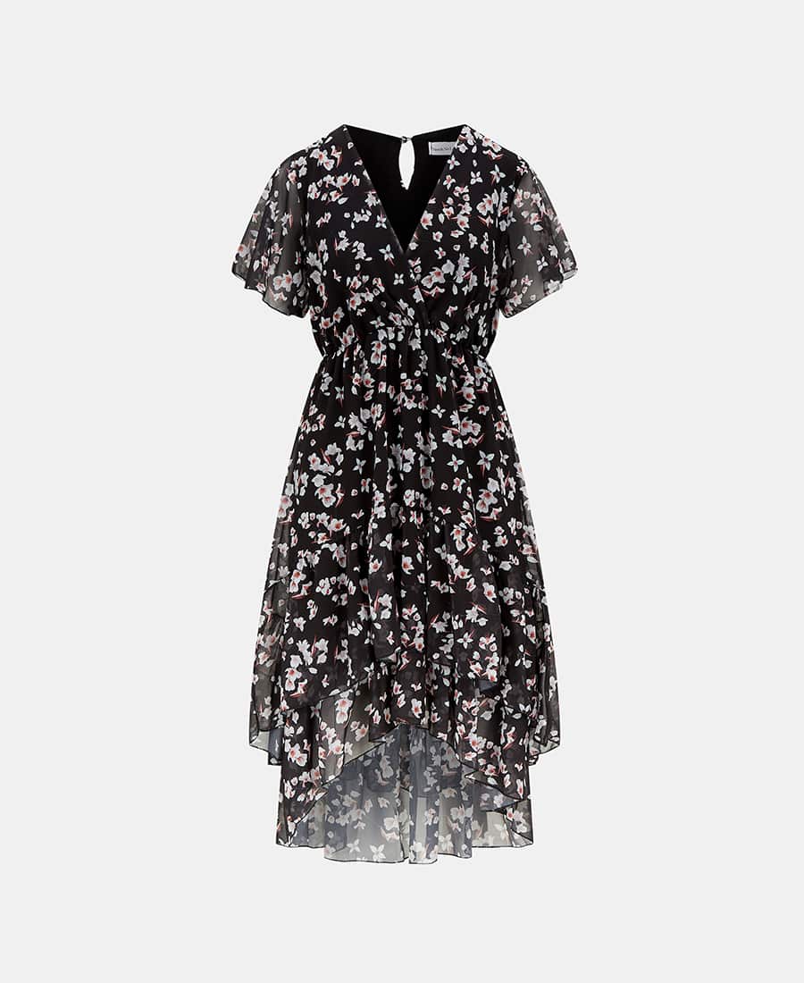 Black Floral Chiffon Tiered Midi