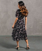 Black Floral Chiffon Tiered Midi Dress midi