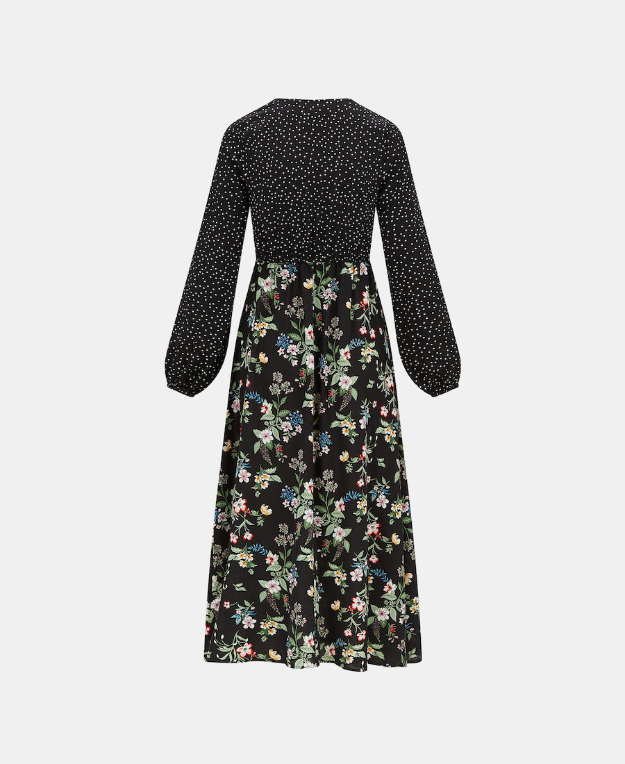 Black Floral Long Sleeve Midi Dress back