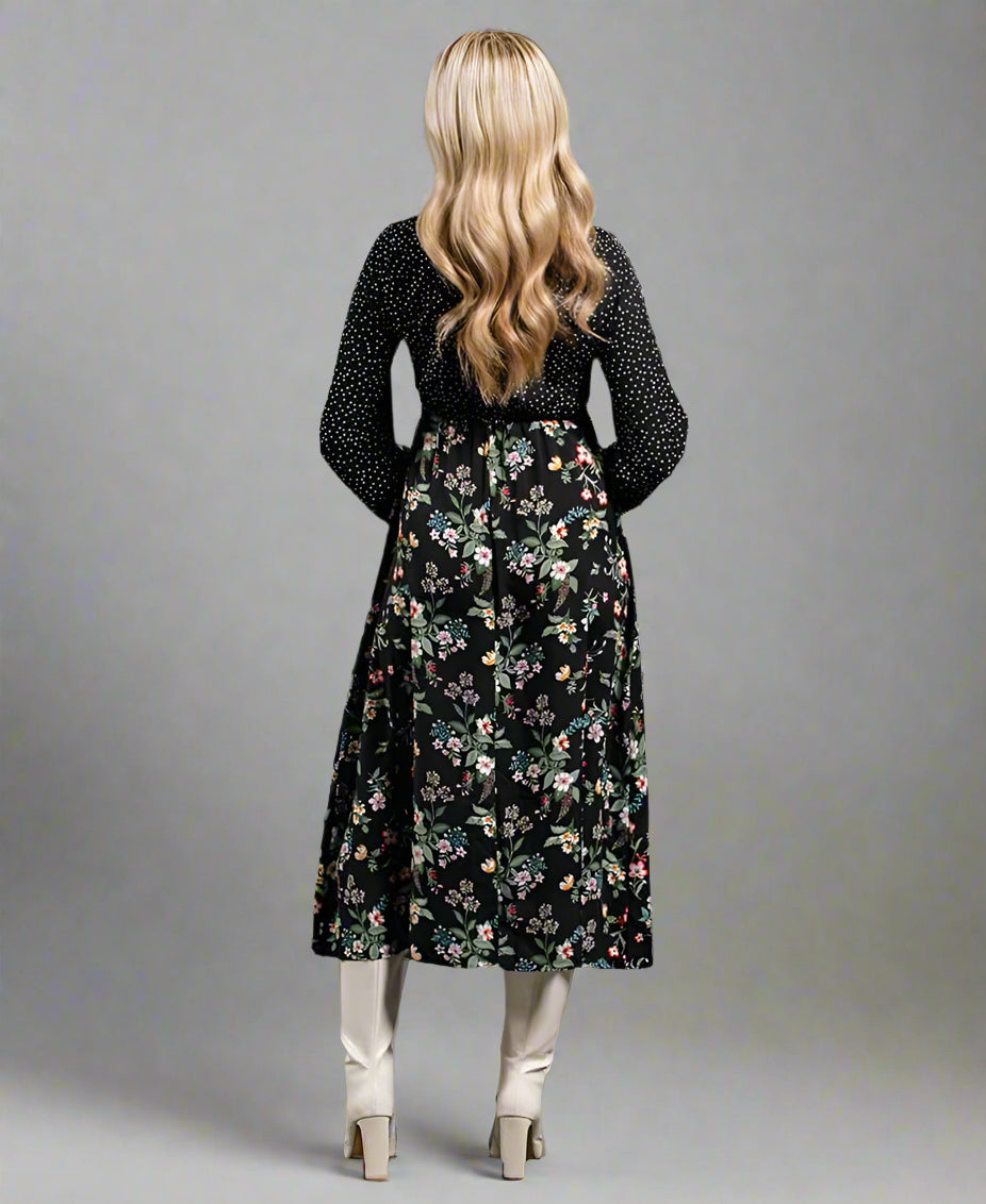 Black Floral Long Sleeve Midi Dress long sleeves