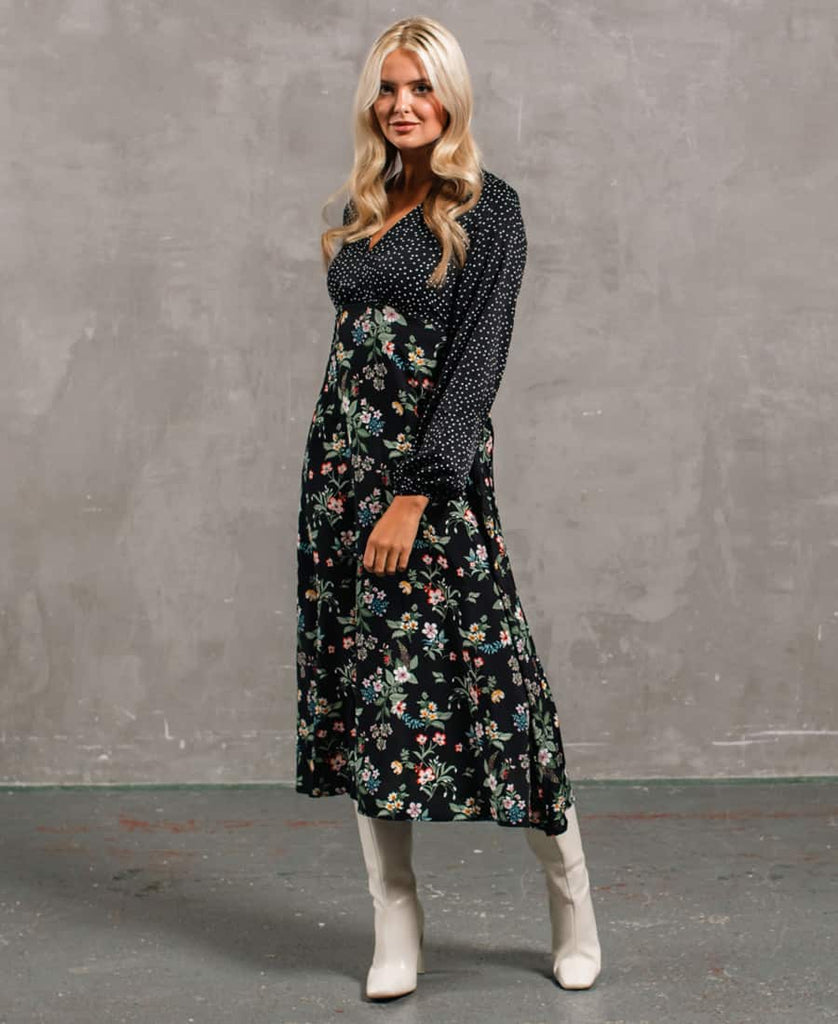 Black Floral Long Sleeve Midi Dress mix match pattern