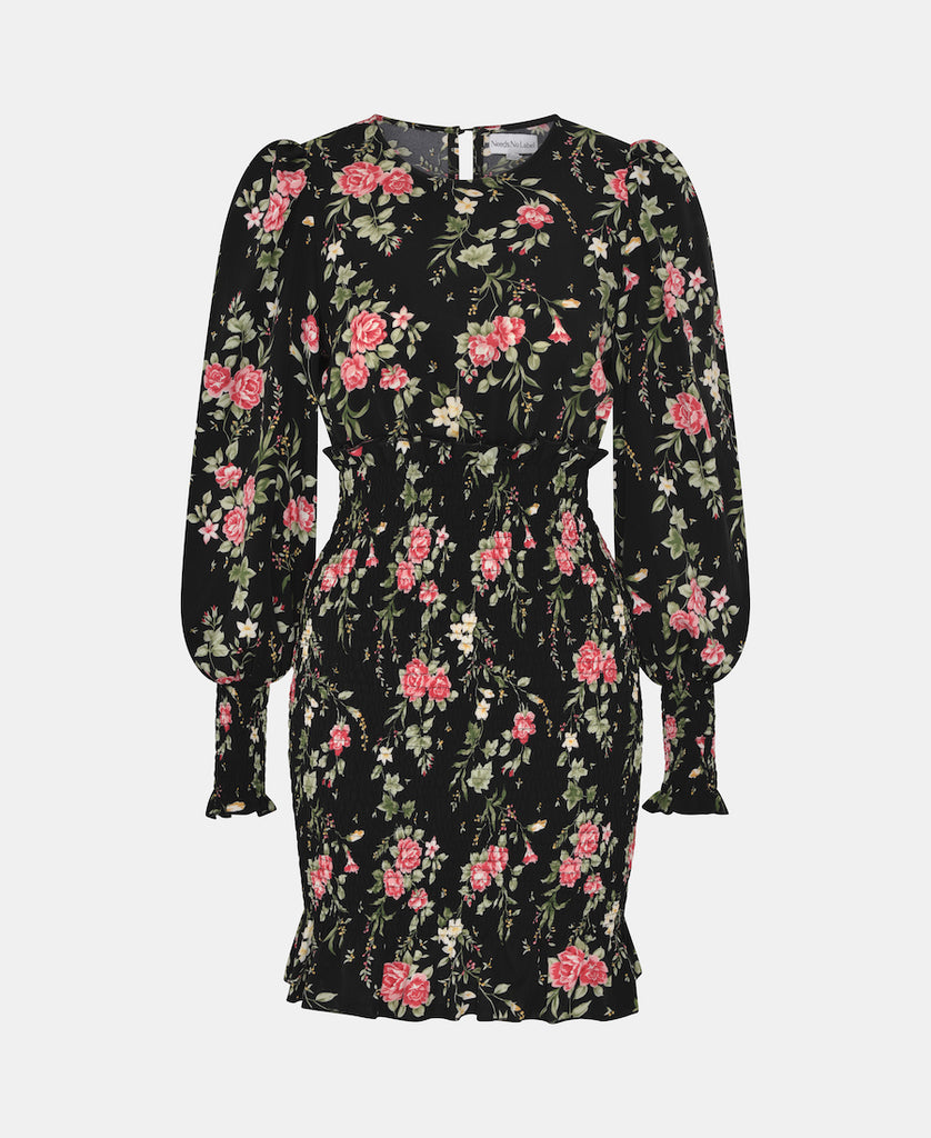 Black Floral Long Sleeve Mini Dress