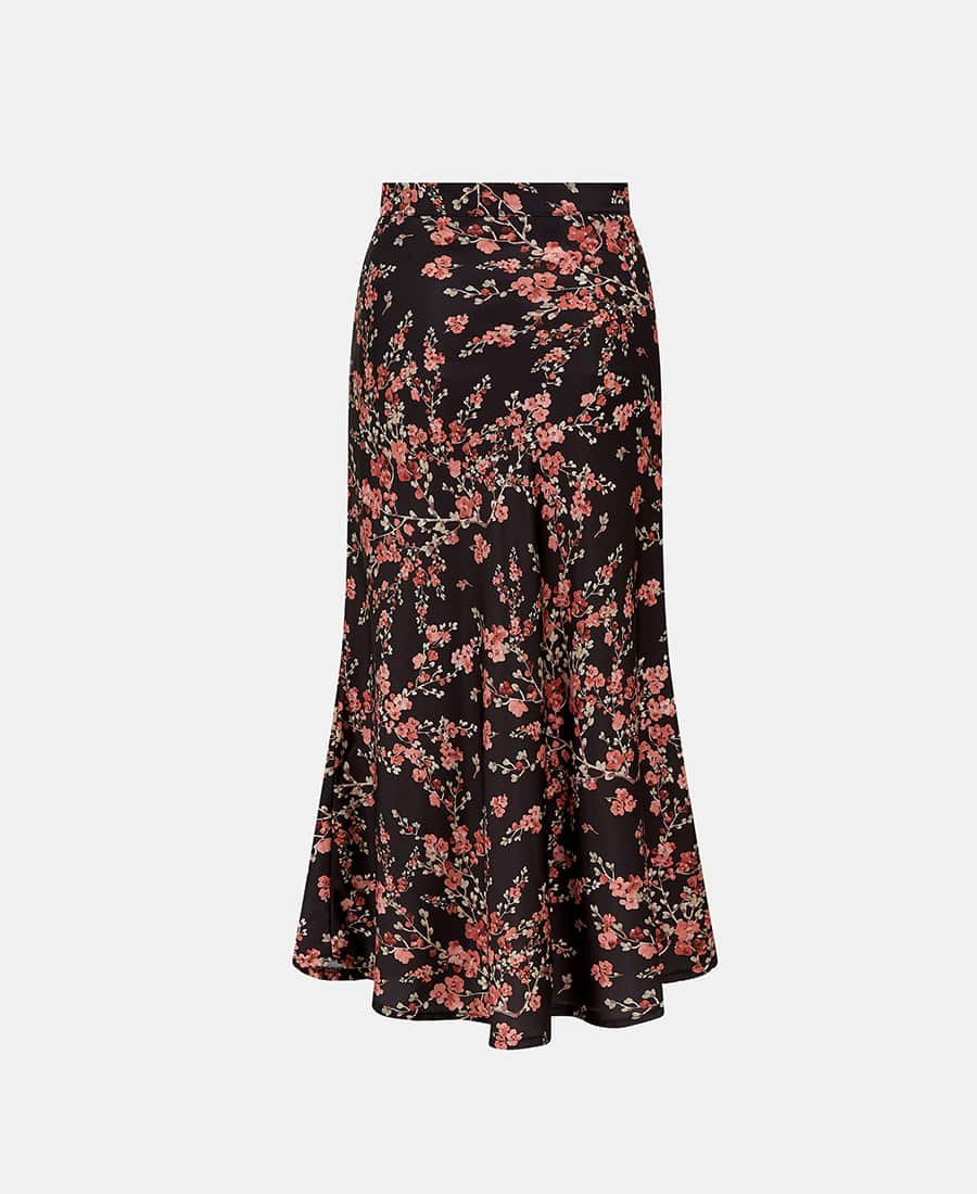 Black Floral Satin Midi Skirt Back