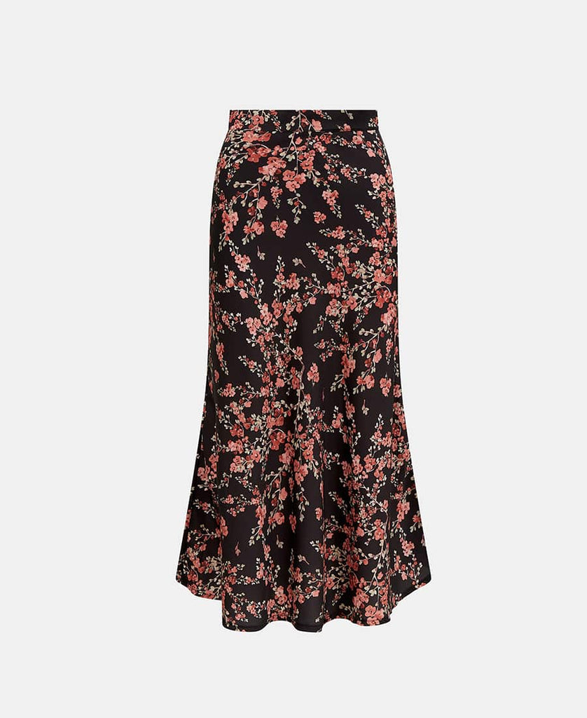Black Floral Satin Midi Skirt Front