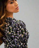 Black Purple Floral Short Puff Sleeve Mini Dress