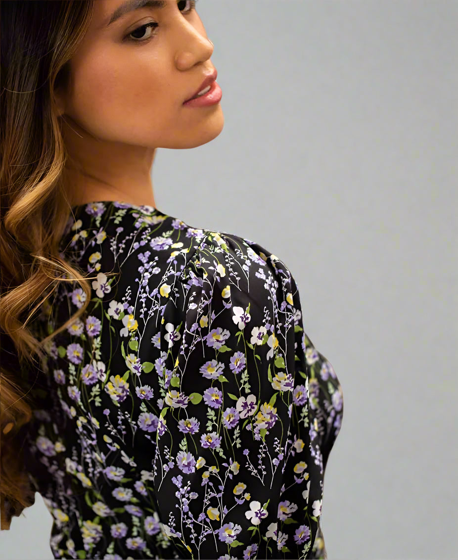 Black Purple Floral Short Puff Sleeve Mini Dress