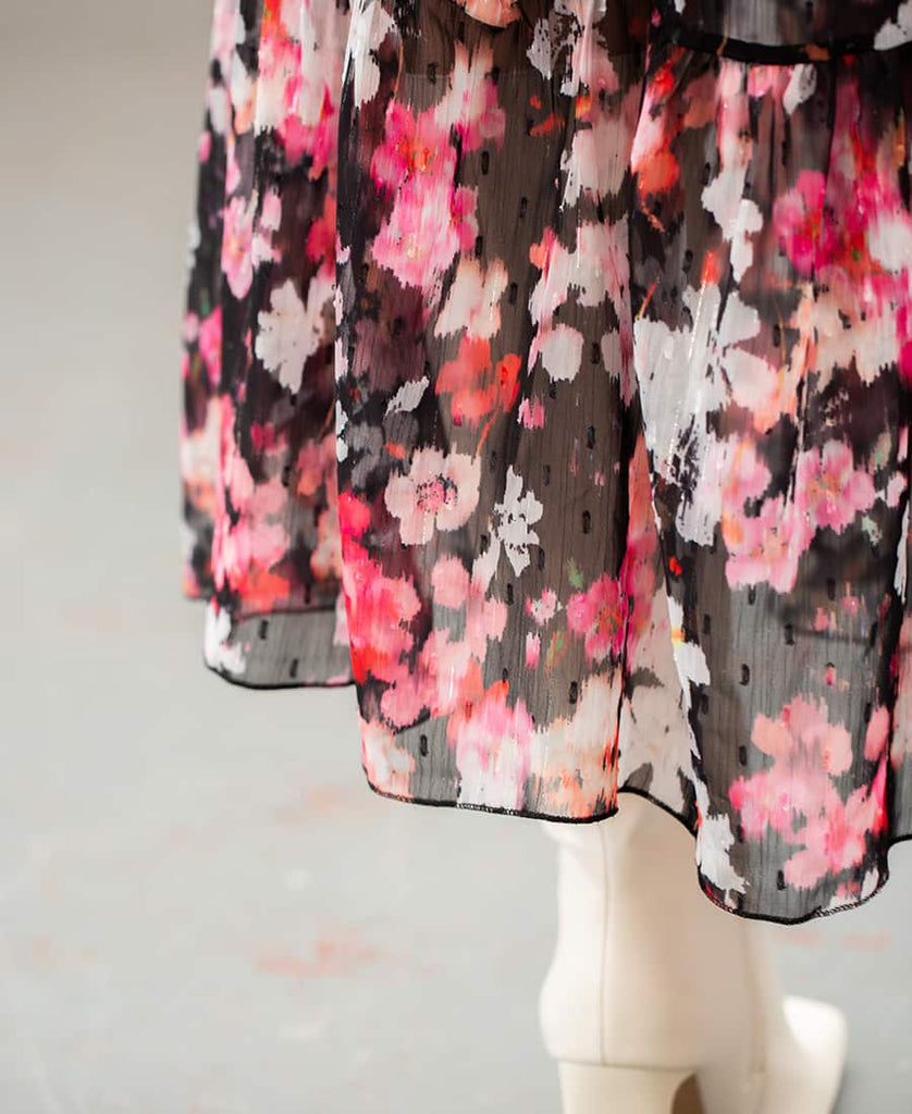 Black pink Floral Chiffon Maxi Dress long sleeve