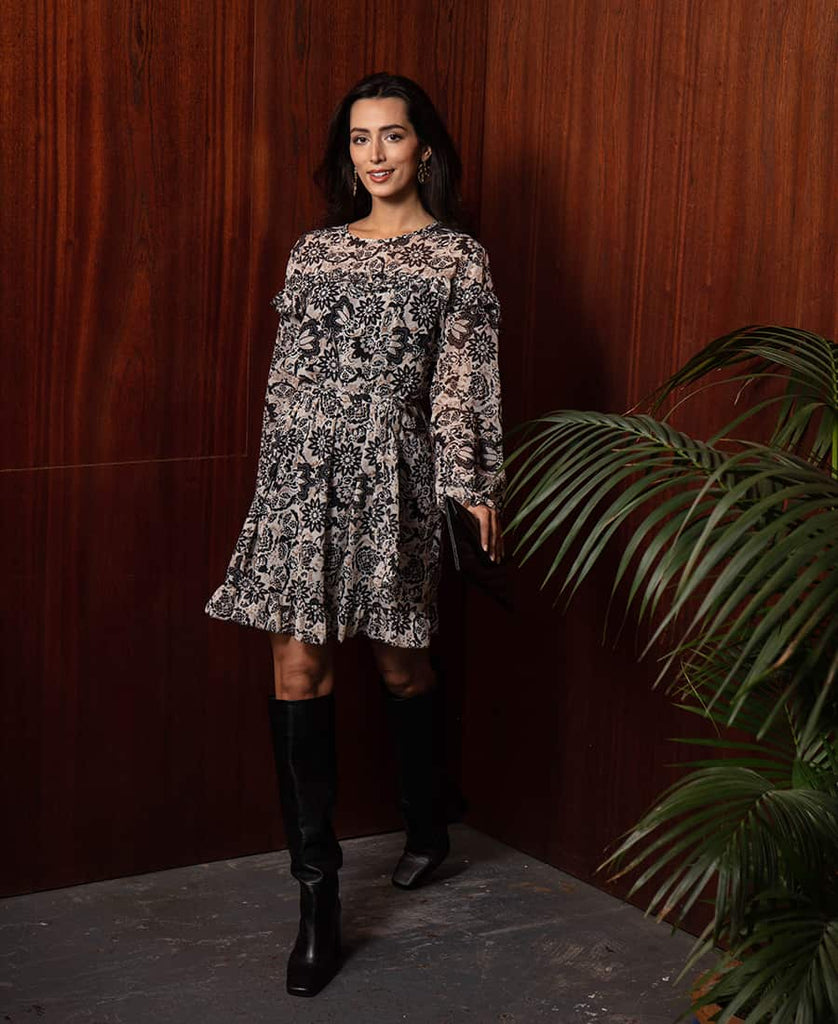 Ruffle fit and flare dress sales