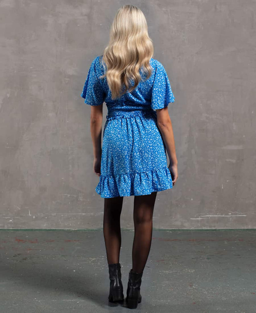 Blue Shirred Waist Mini Dress
