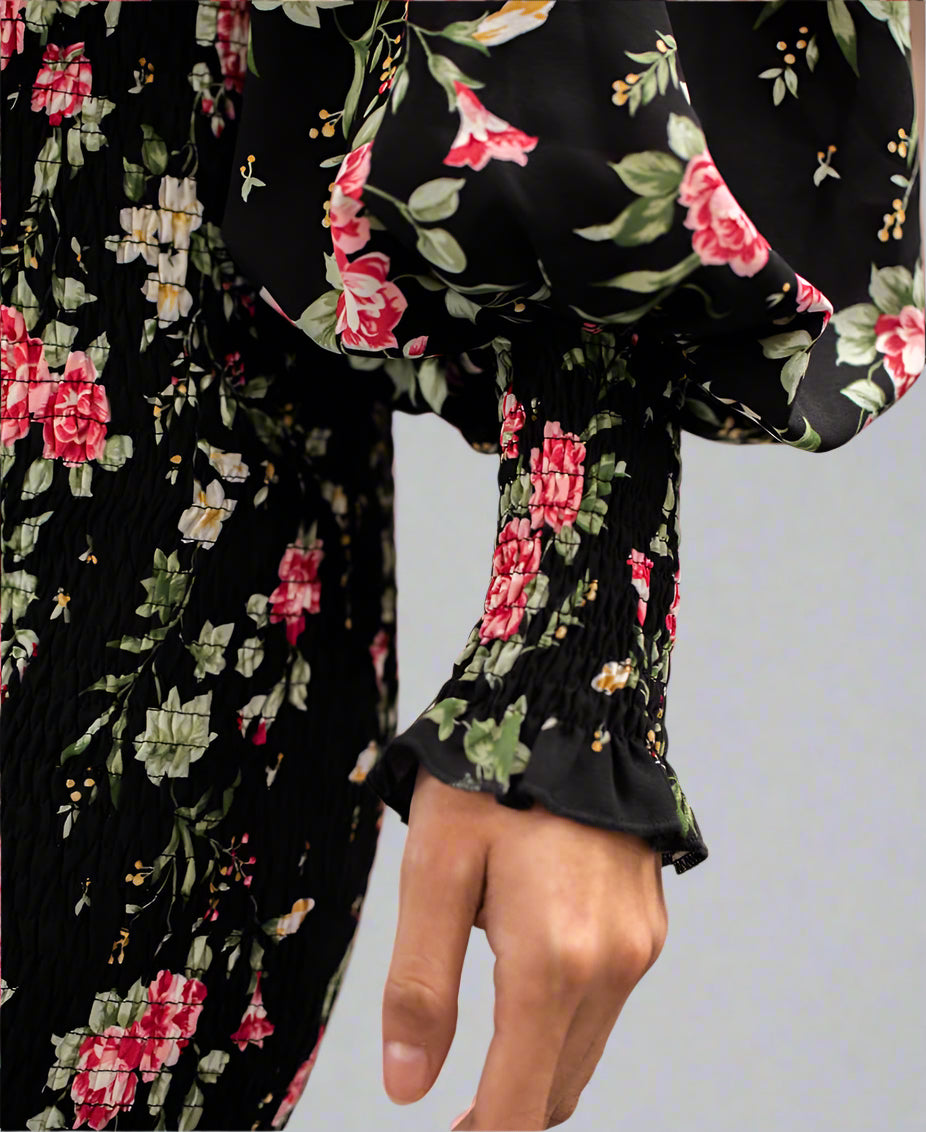 Floral Long Sleeve Mini Dress black detail