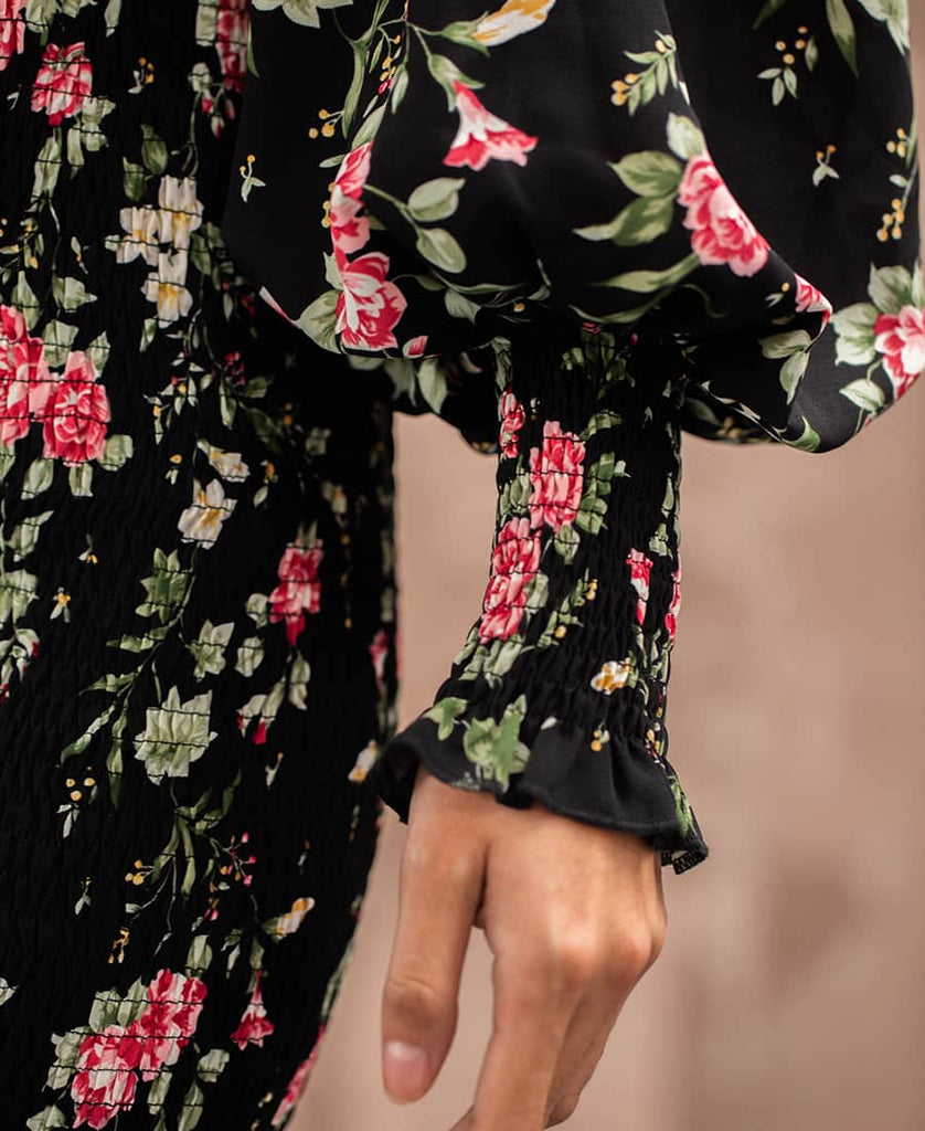 Floral Long Sleeve Mini Dress black detail