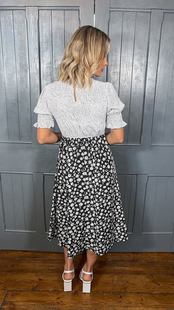 Floral and Spot Black and White Midi Dress