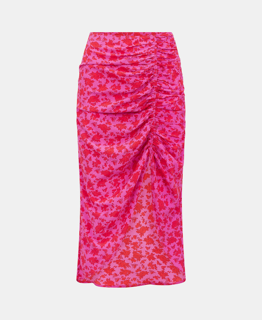 GATHERED MIDI SKIRT PINK FLORAL Front