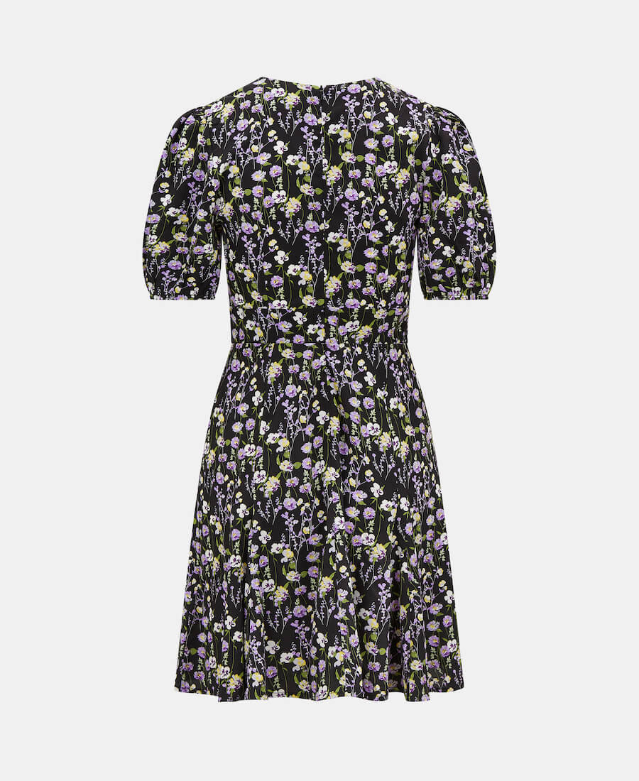 GODET PUFF SLEEVE MINI DRESS BLACK PURPLE FLORAL Back