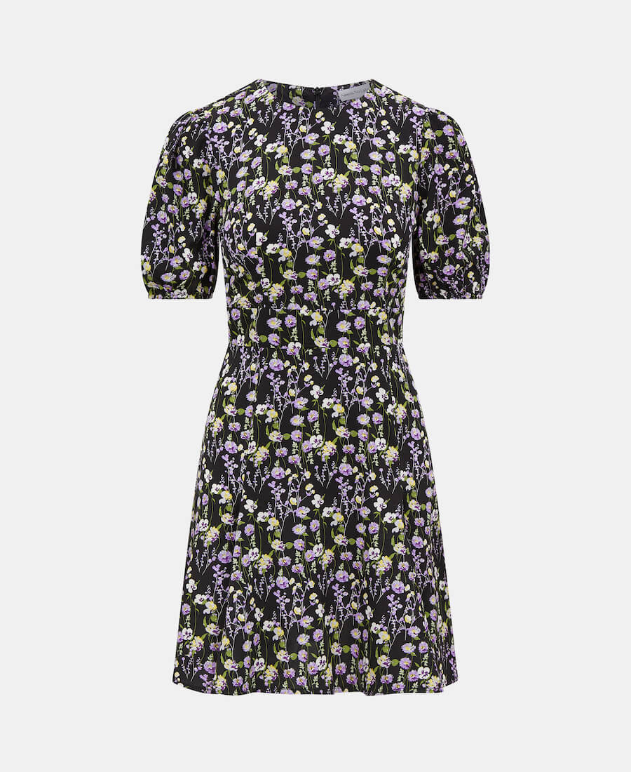 GODET PUFF SLEEVE MINI DRESS BLACK PURPLE FLORAL Front