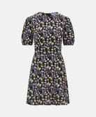 GODET PUFF SLEEVE MINI DRESS BLACK PURPLE FLORAL Front