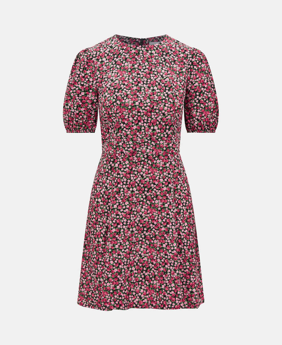 GODET PUFF SLEEVE MINI DRESS ROSE PRINT Front