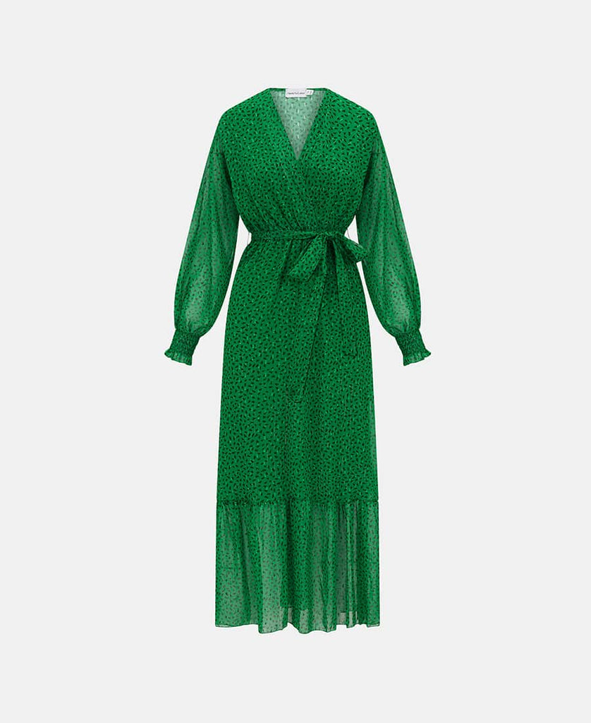 Green Animal Chiffon Maxi Dress front