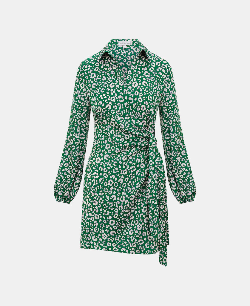 Green Animal Print Satin Shirt Dress front