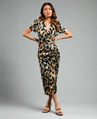 Green Animal Satin Wrap Midi Dress