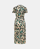 Green Animal Satin Wrap Midi Dress Cream