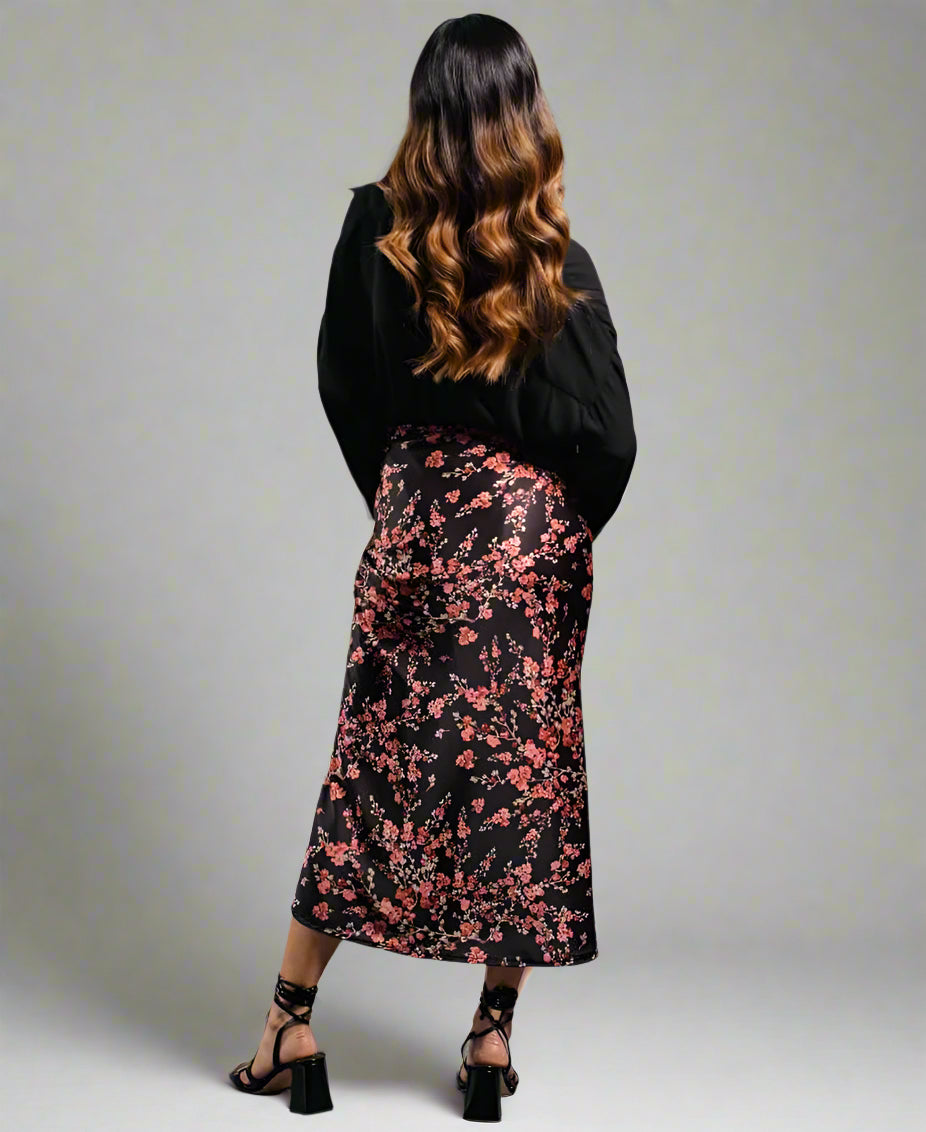 Midi Skirt Black Floral back of model