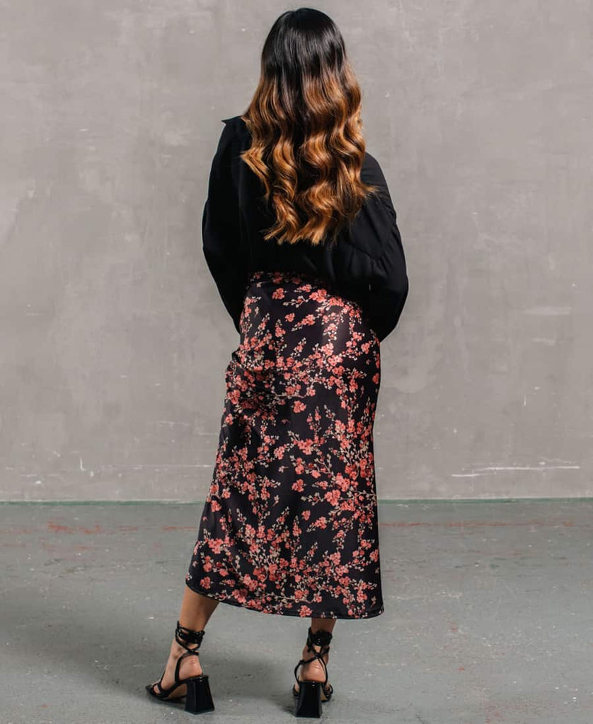 Midi Skirt Black Floral back of model