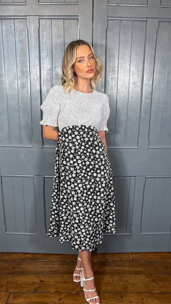 Mix and Match Daisy Floral and Black Spot Midi Dress