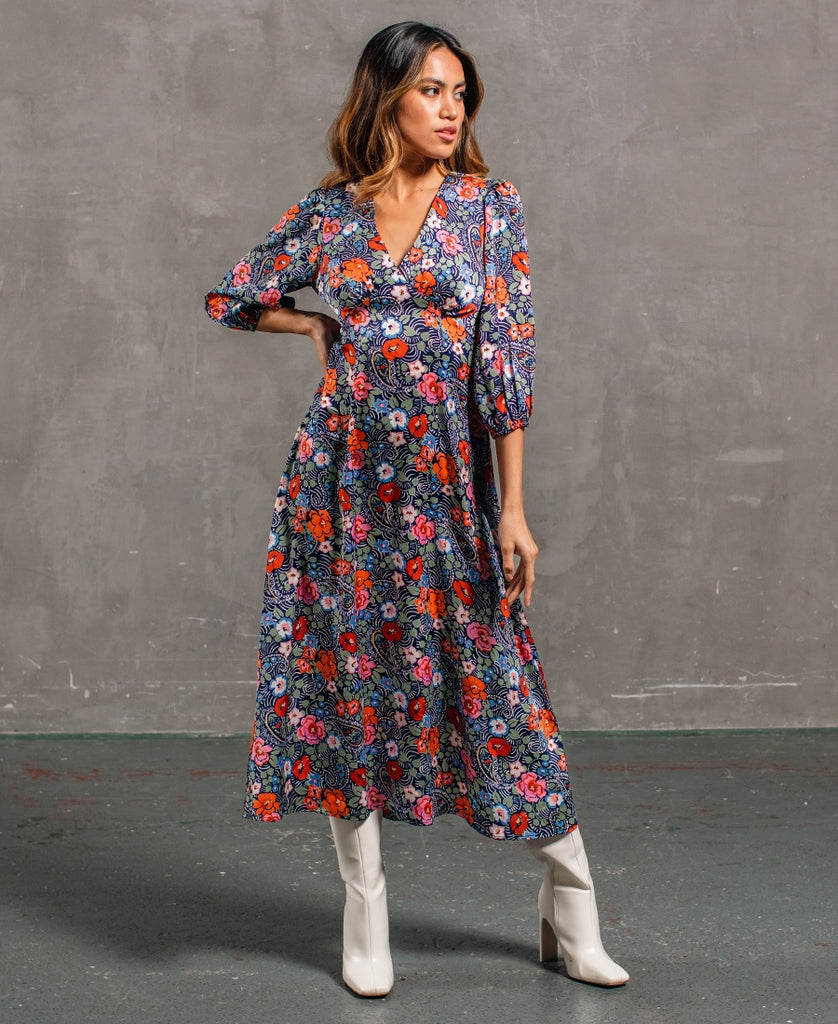 Multicoloured Floral Satin Midi Dress – Needs No Label