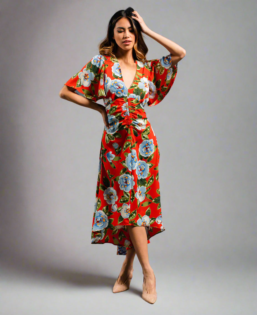 Red floral midi wrap dress hotsell