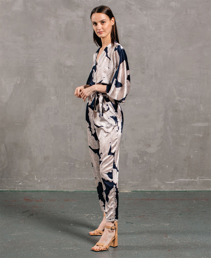 Navy Leaf Kimono Sleeve Jumpsuit