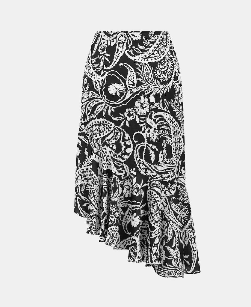Paisley Tiered Hem Midi skirt BLACK WHITE PATTERN
