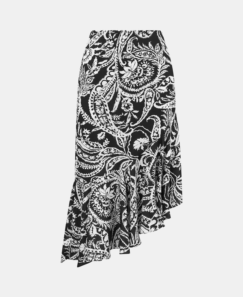Paisley Tiered Hem Midi skirt Black White