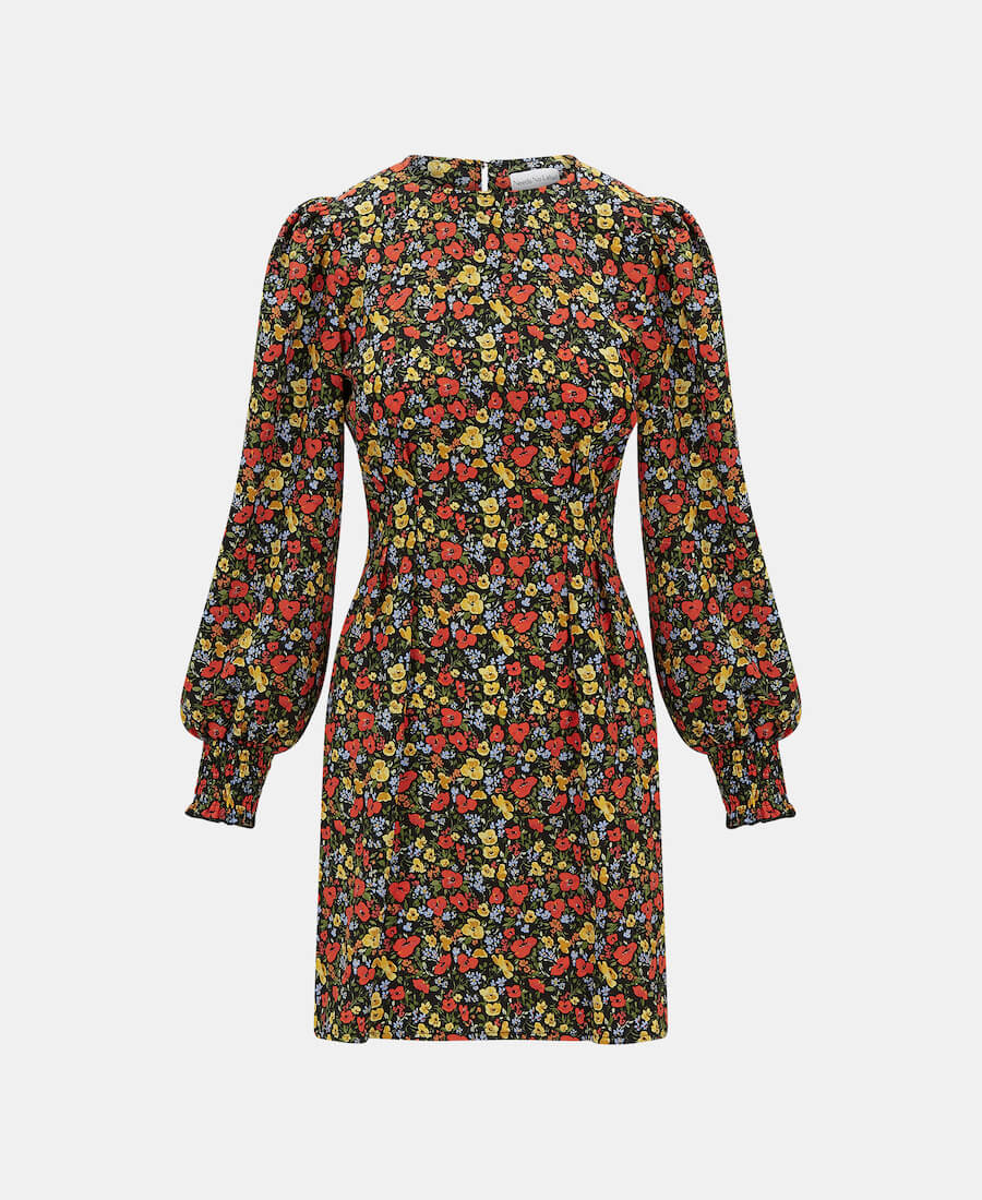 Red Floral Corset Detail Mini Dress long sleeve front