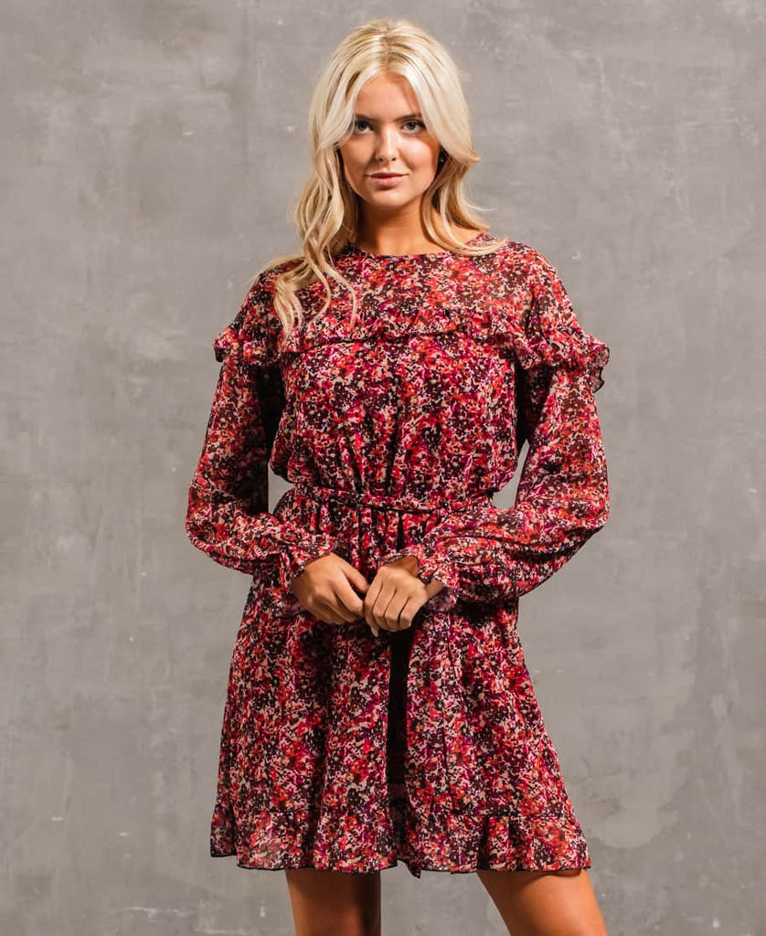Red Floral Ruffle Fit Flare Dress