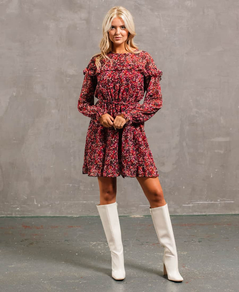 Red Floral ruffle Fit Flare Dress long sleeve