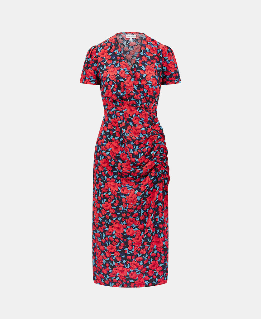 Red Floral Wrap Midi Dress front