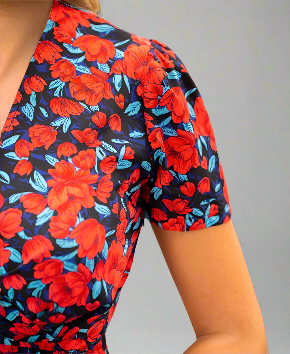 Red Floral Wrap Midi Dress Needs No Label