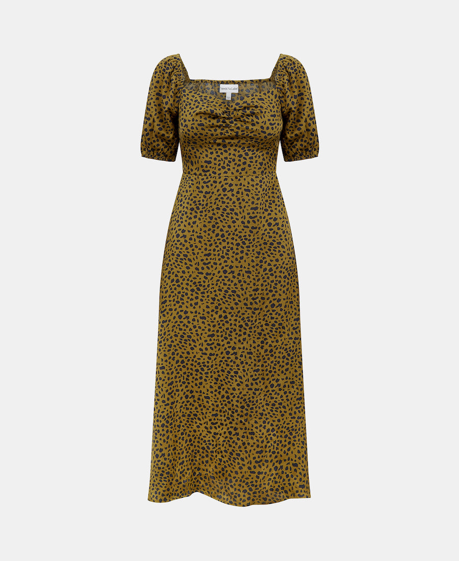 SWEETHEART NECK MIDI DRESS SATIN ANIMAL FRONT