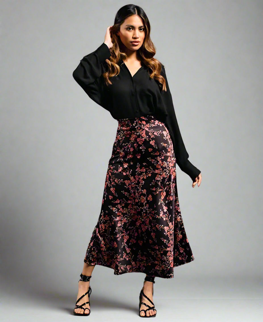 Satin Midi Skirt Black Floral