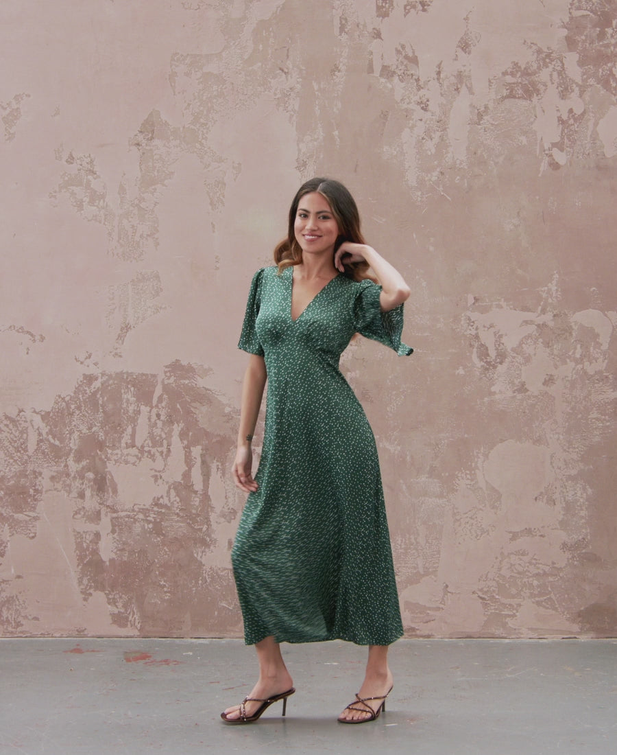 Catwalk Video Dark Green Spot Pattern Satin Midi Dress