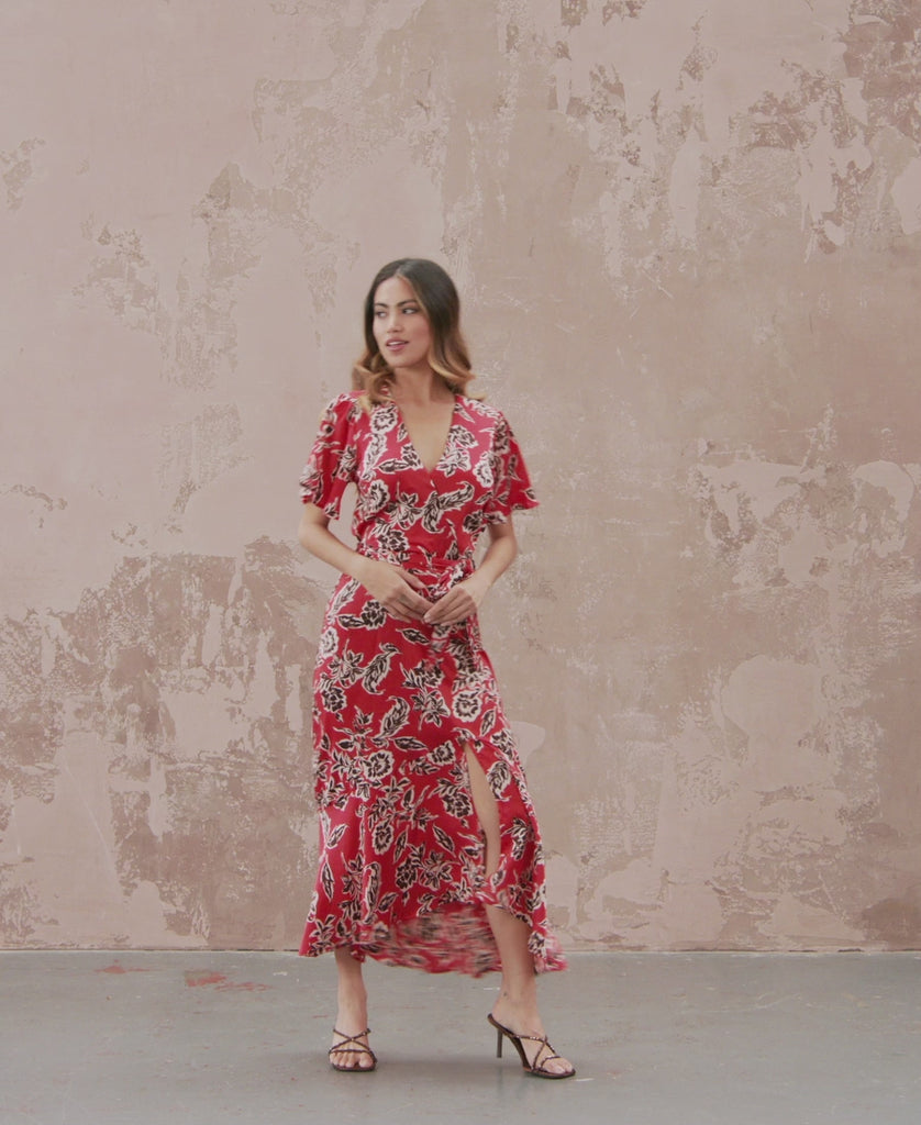 Catwalk video Red floral Satin Wrap Midi Dress
