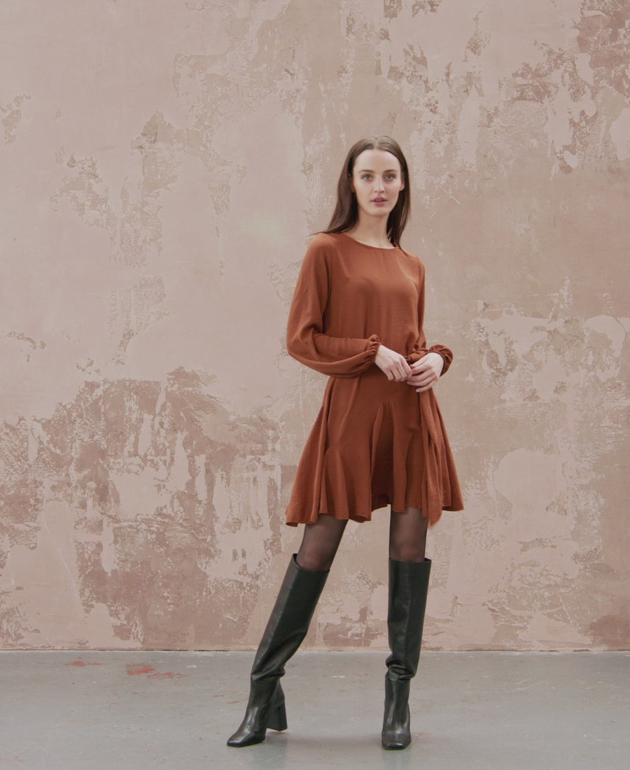 catwalk video tan crepe belted fit and flare dress