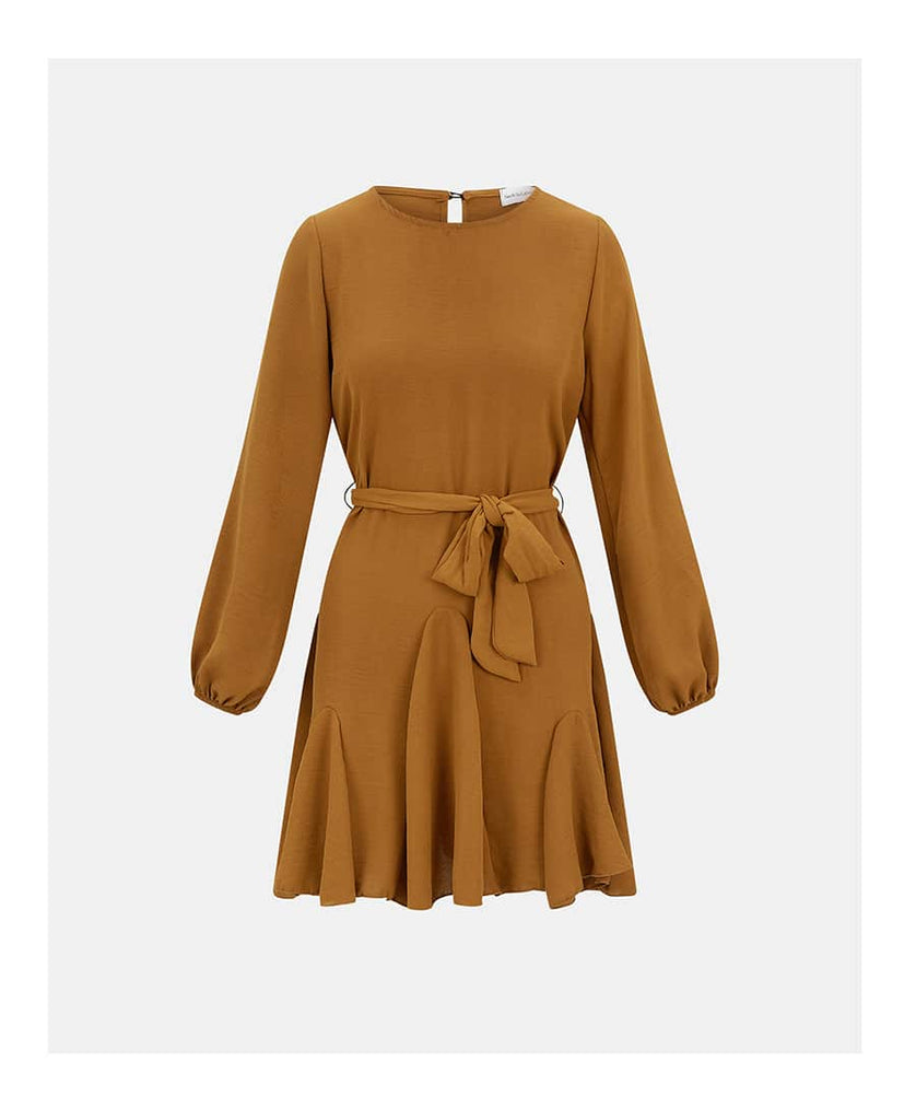 tan crepe belted fit and flare dress front